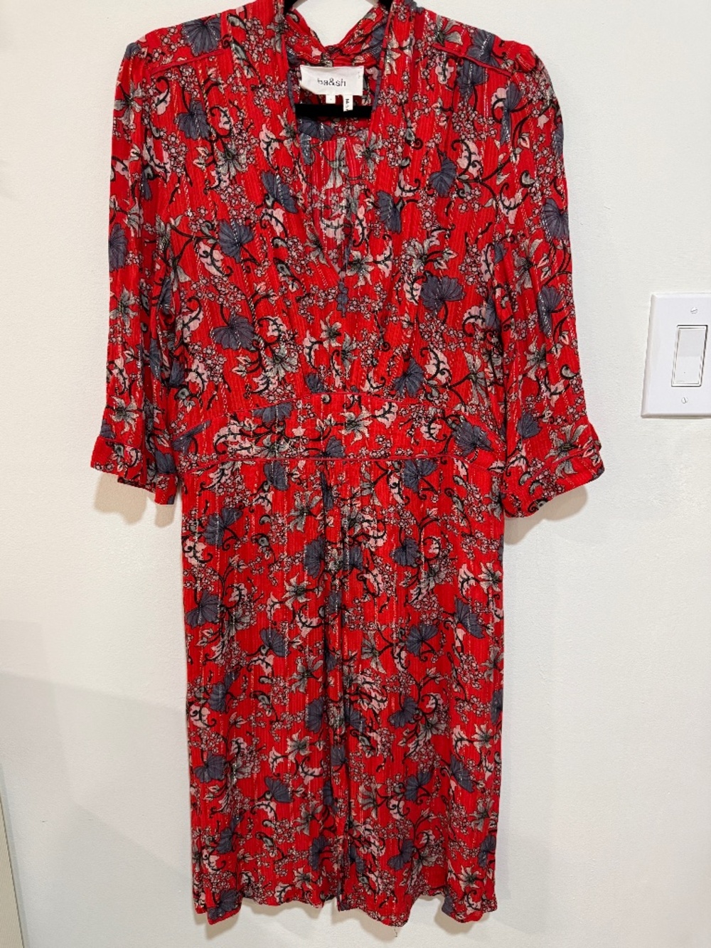 Ba&sH Red Floral with Silver Metalic Thread Dress - Size Large